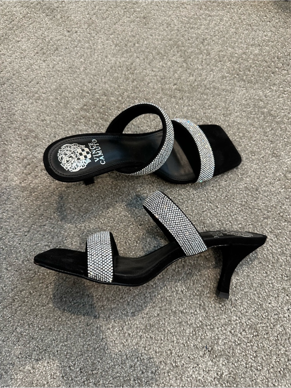 Vince Camuto Black Crystal-Embellished Slide Heels